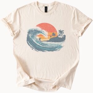 Retro Sunset Wave Graphic Tee Vintage Tropical Beach Design